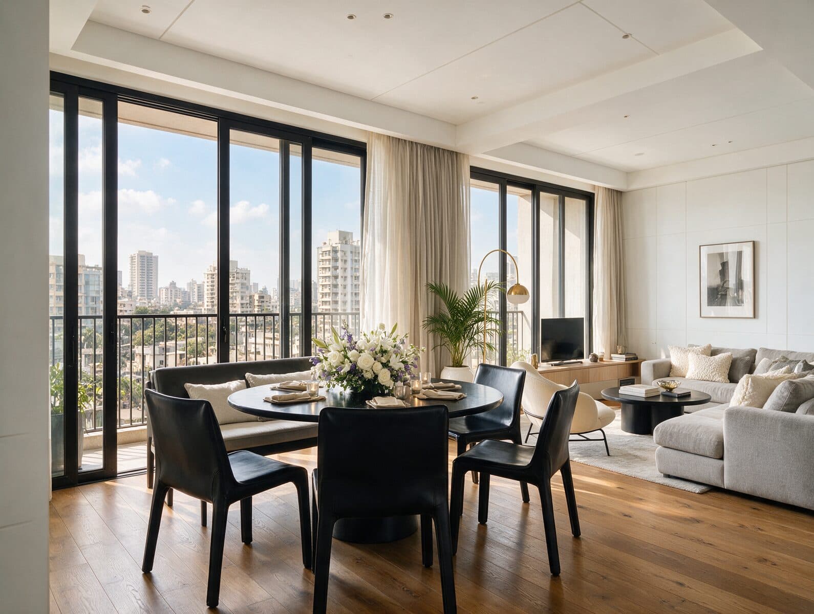 Modern Mumbai apartment dining and living space with a black dining table, warm wood flooring and glass doors