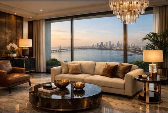 Luxury Mumbai living room overlooking the sea-link and city skyline at sunset