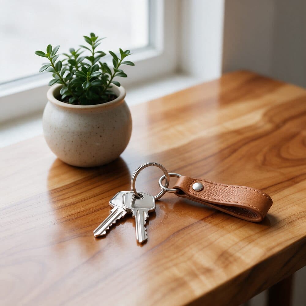 Close-up of house keys on a wooden table
